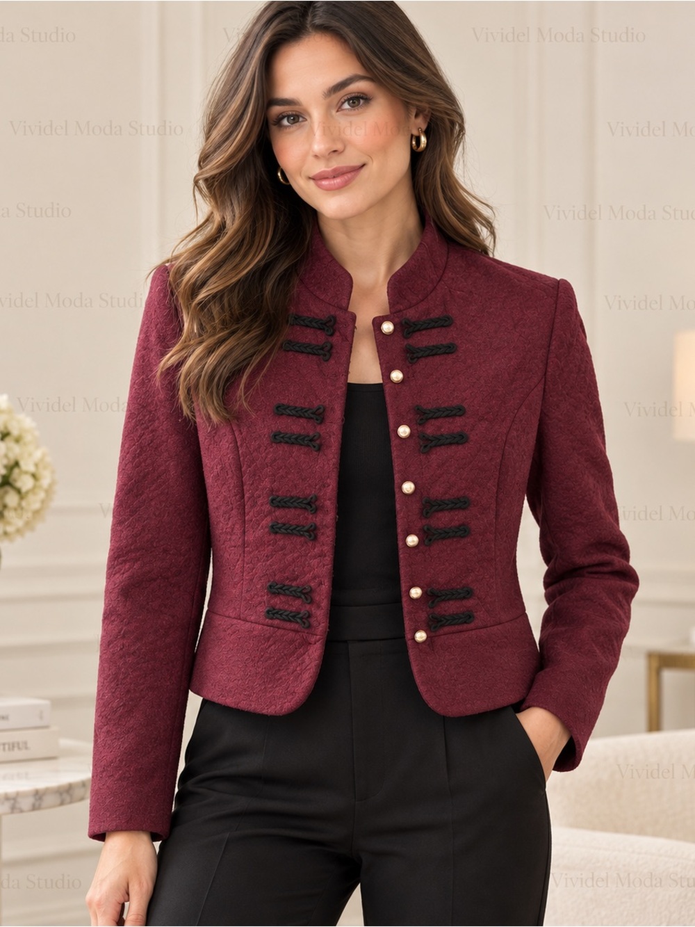Avec Les Filles Burgundy Military Jacket Black Braid Gold Buttons